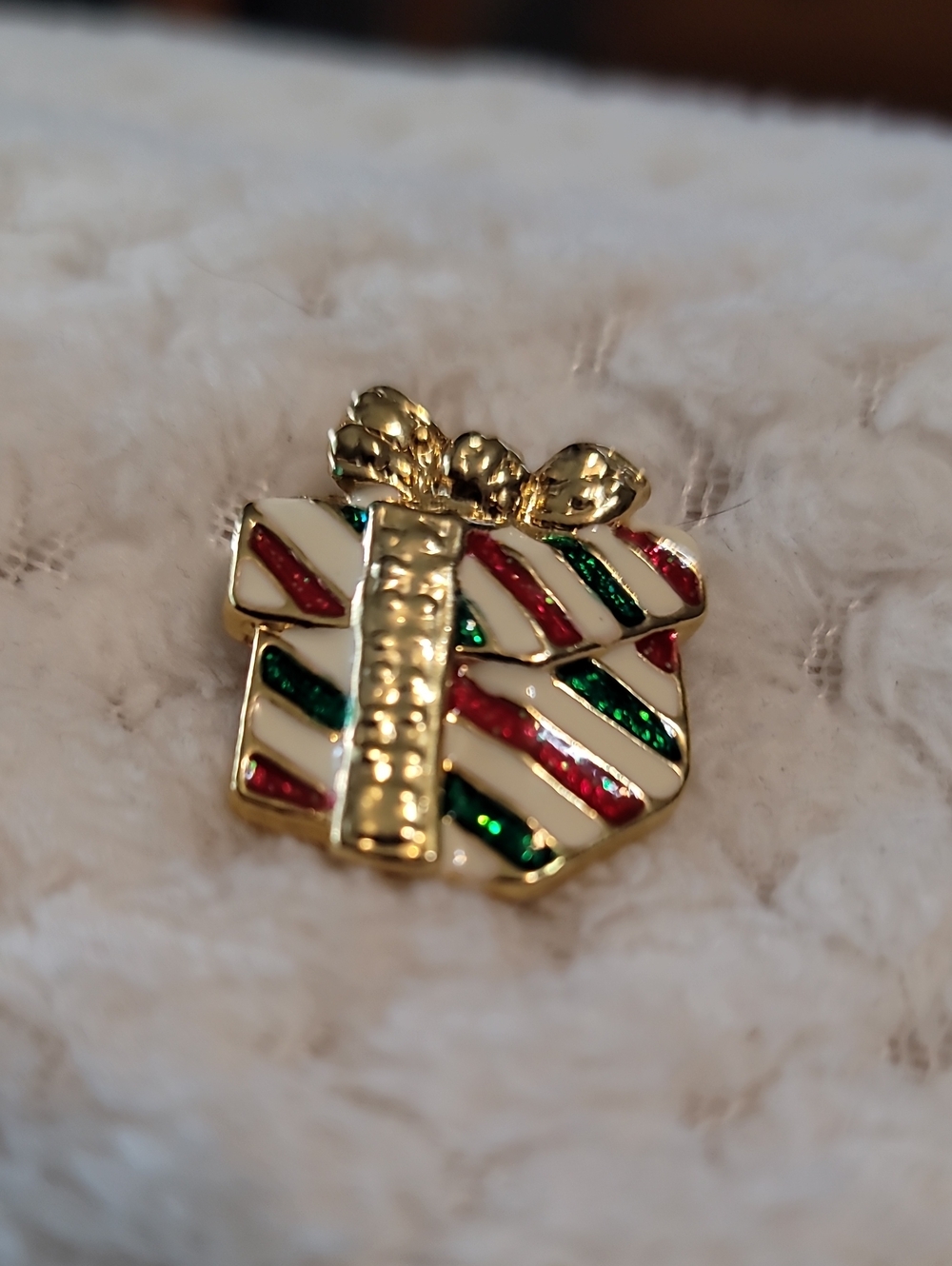 Gold-tone Holiday Present Pin with Red, Green & White Enamel
